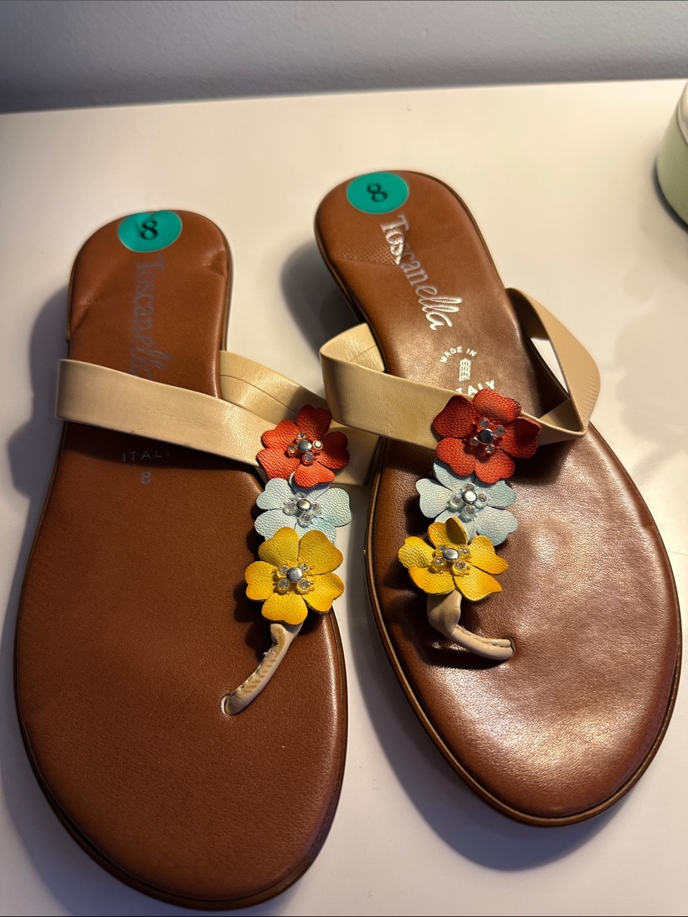 Toscanella Beige Floral Toe-Post Sandals with Multicolor Flowers